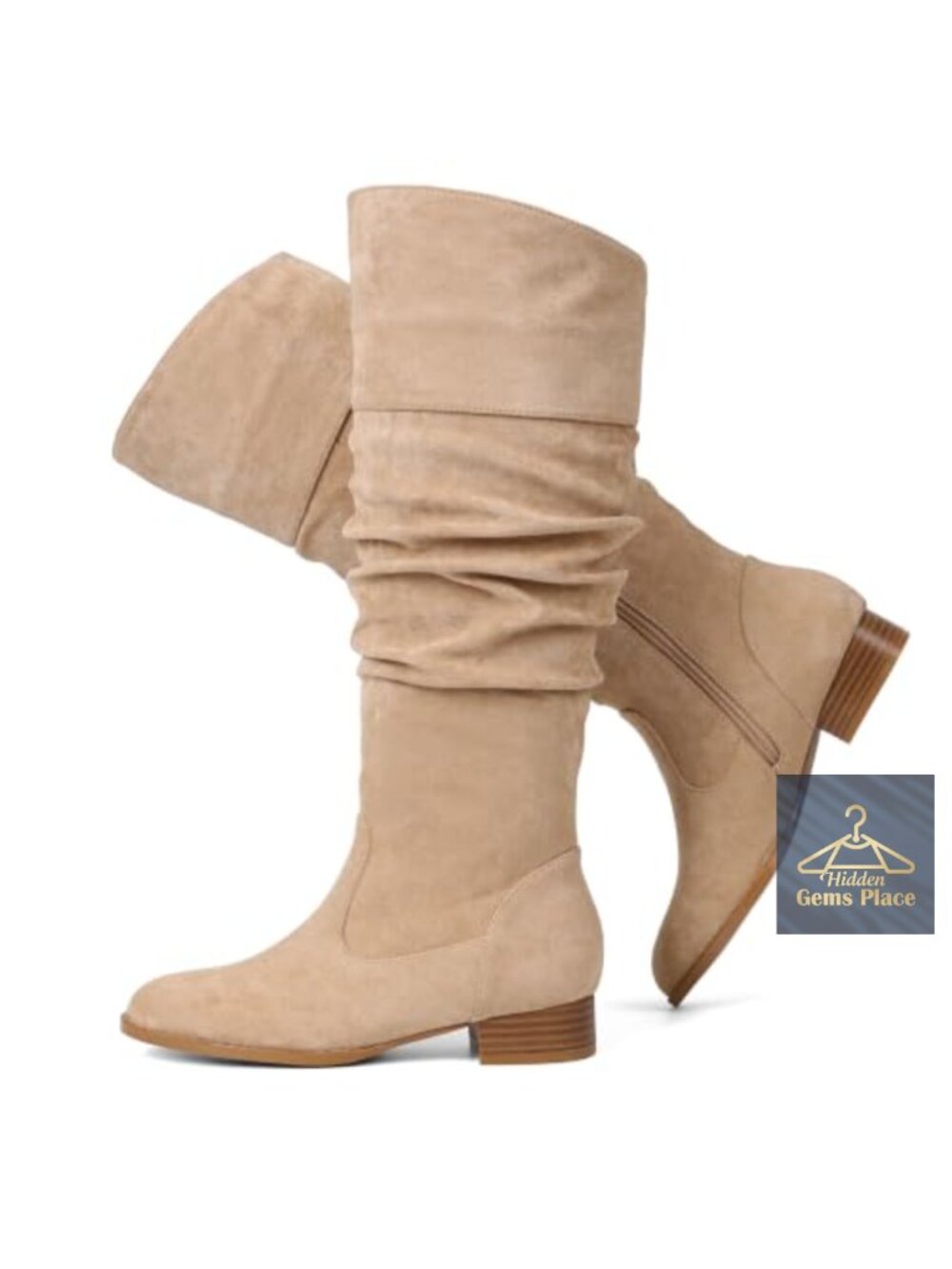 Suede Knee High Boots Flat Slouchy Zipper Round Toe Women's